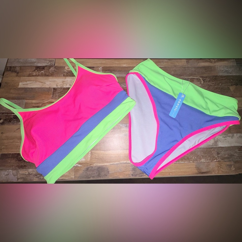 Neon Colorblock Crop Bikini Set - Hot Pink, Lime & Periwinkle